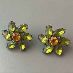 Pinwheel Flower Green Orange Crystal Earrings